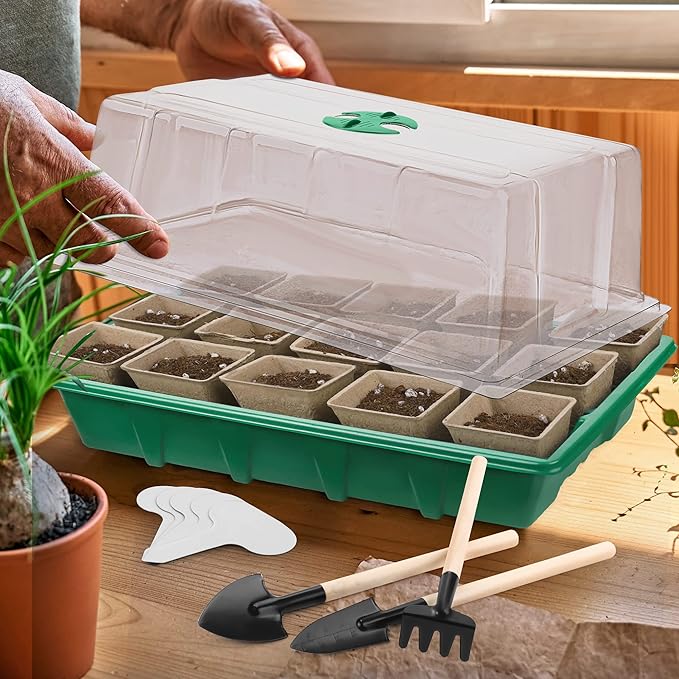4 Pack Seed Starter Tray Kit, 120 Square Seed Peat Pots for Seedlings with Plants Labels, Planting Tools, Plastic Growing Germination Trays with Lids for Indoor Outdoor Gardening, Green