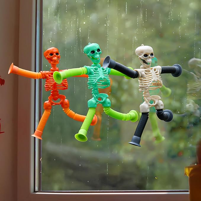 JOYIN 6 PCS Halloween Pop Sensory Tube Stretchy Toys, Glow in The Dark Fidget Toys for Halloween Party Favor Goodie Bag Fillers, Stress Relief Telescopic Suction Cup Skeleton Toys for Kids Gift