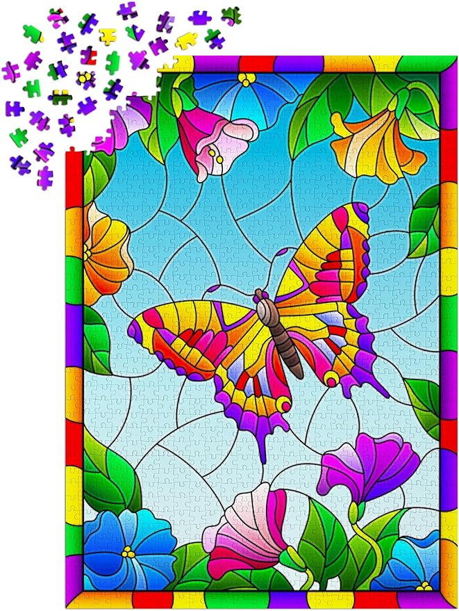 1000 Pieces Jigsaw Puzzle – Matte Finish, Soft Touch, Easy to Assemble, Tight Fit, Vivid Colors, Missing Pieces Service – Multicolor Butterfly Stained Glass Illustration – by ENJOY Puzzle