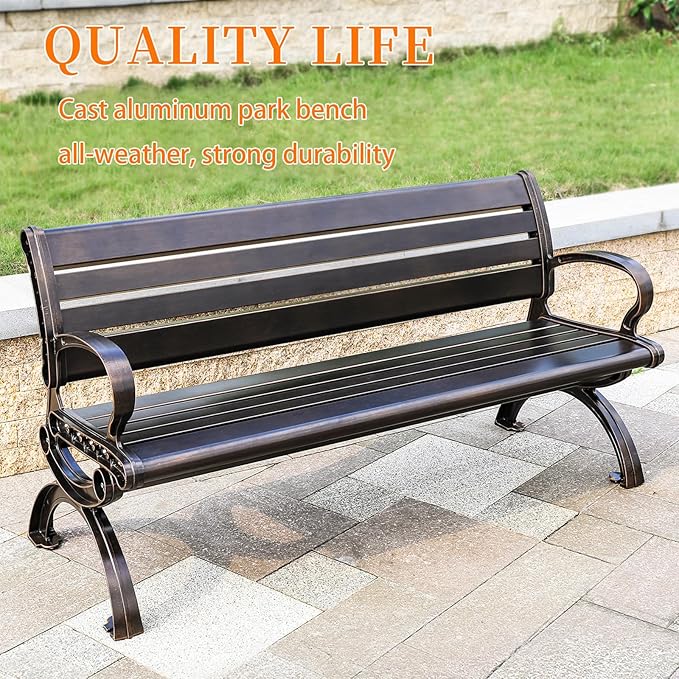 Outdoor Bench Chair Cast Aluminum Garden Bench Patio Bench All-Weather Park Bench for Backyard Porch Lawn (150cm Armless Park Bench)