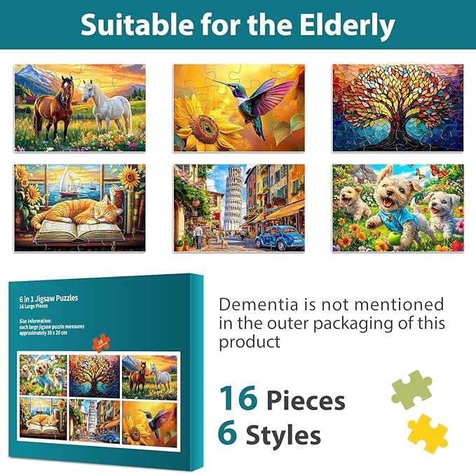 6 Packs 16 Large Piece Puzzle for Seniors, Alzheimer's & Dementia Activities, Easy Puzzle, 6 Storage Bags