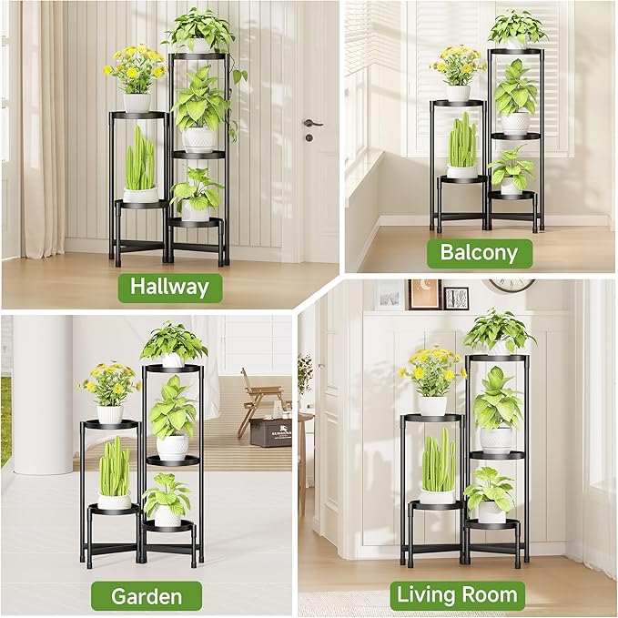 5-Tier Metal Plant Stand Indoor, Foldable Corner Plant Shelf Outdoor, Rotatable Tiered Tall Plant Stand, Black Multiple Plant Stands for Patio Living Room Balcony Garden Home Decor