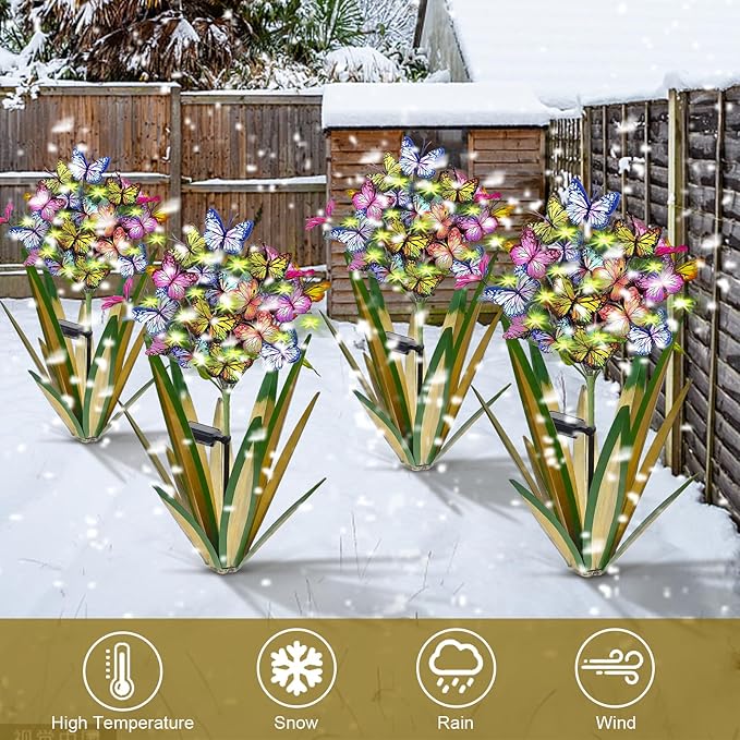 Solar Metal Agave Butterfly Flower Stick Garden Sculpture Outdoor Gift Solar Garden Christmas Lights Swaying Butterfly Garden Lights Solar Outdoor (2 PCS Light Green)