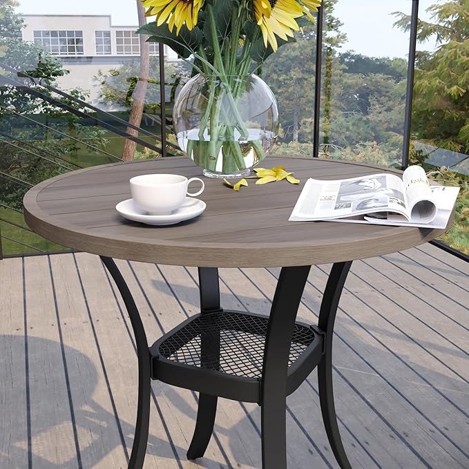 VICLLAX 27.5" Outdoor Round Patio Table for Lawn Garden, All Weather Metal Round Patio Dining Table with Storage Shelf, 2 Person Small Patio Table, Grey Wood-Like Tabletop