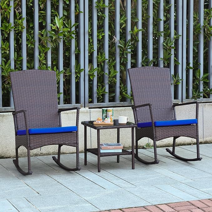 Outdoor Rocking Chairs Set - 3 High-Backed Patio Rockers with Bistro Table & Anti-Slip Cushions, Dark Blue