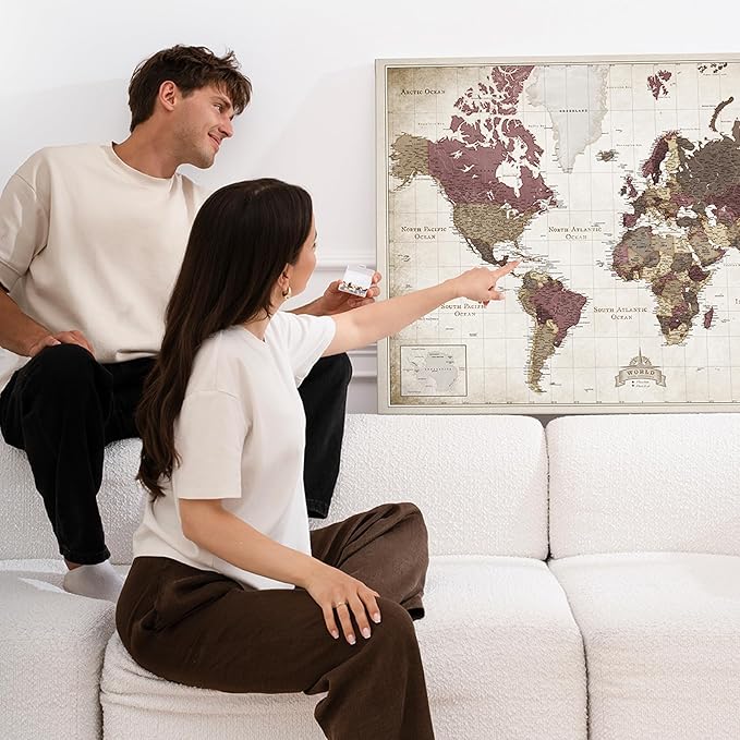 Canvas World Map with Cork Pin Board - English Lettering - Decorative Wall Decoration for All Rooms - Canvas Pictures with World Map Motif (90x60 cm, Pattern 23)