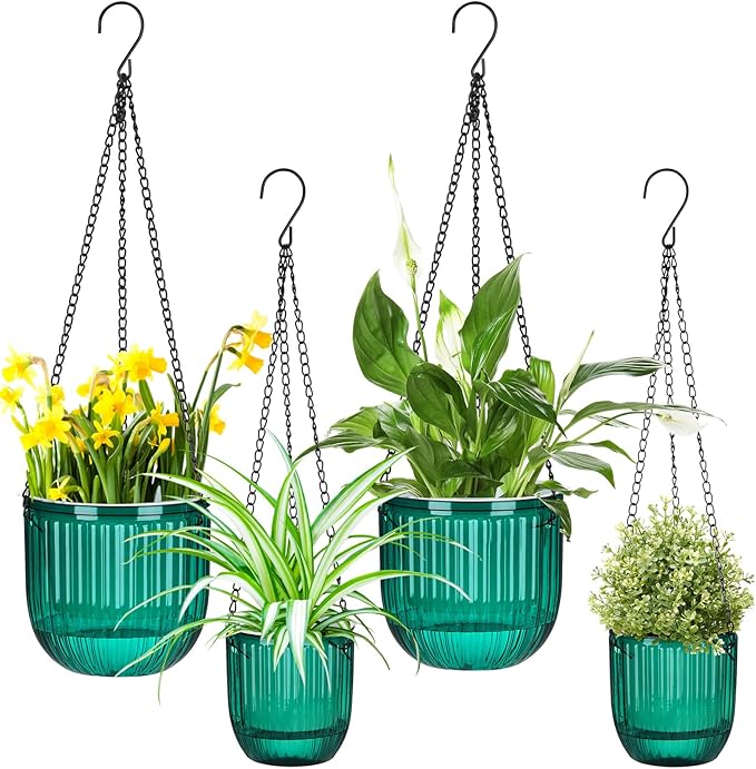 Maxcheck 4 Pcs Self Watering Hanging Planters Indoor 6.5'' 4.5'' Hanging Flower Pots Baskets Outdoor Self Watering Hanging Plant with 3hooks Drainage Holes for Home(Emerald)