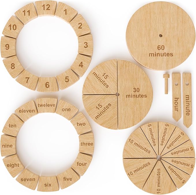 Tomaze Montessori Wooden Toy Clock - Kids' Educational Kit to Teach Time, Fractions, Numbers, & Sorting with Blocks - Early Math Learning - Gift for Age 4+ Boy Girl Preschooler in Classroom Homeschool