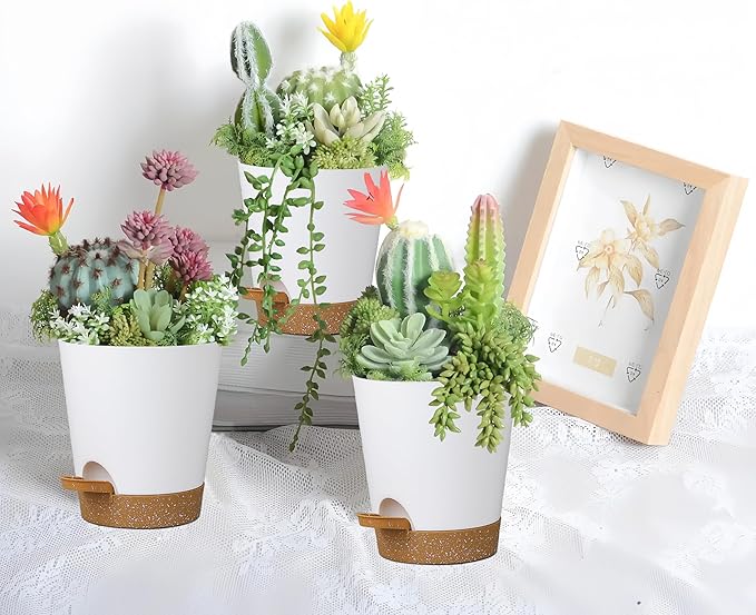 12 Pack 4 Inch Self Watering Plant Pots with Drainage and Saucers,Plastic Flower Pots for Indoor and Outdoor Plants, Nursery Planters for Houseplants and Herbs White Brown, 4 inch 12pcs