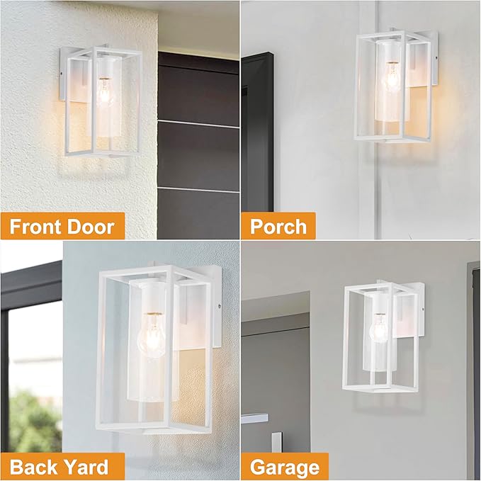 Pia Ricco Outdoor Wall Lights, Outdoor Wall Lantern with Circular Clear Glass Shade, Waterproof Exterior Lighting Fixtures, Modern Front Porch Lighting for House, Garage, E26 Base, ETL Listed, White