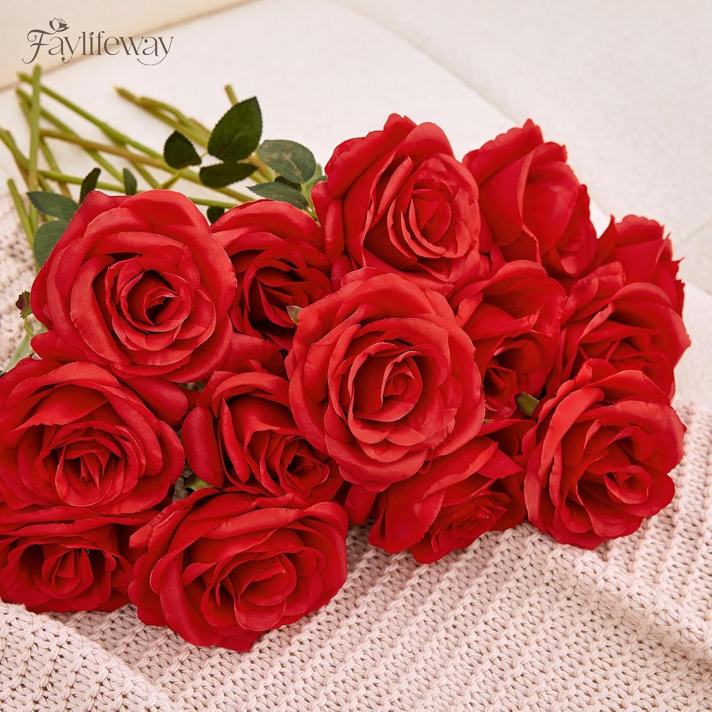 20PCS Artificial Red Roses, 3.9'' Silk Flower Head Fake Red Rose with Long Stems, Realistic Faux Roses Bouquet for DIY Wedding Home Party Office Decoration