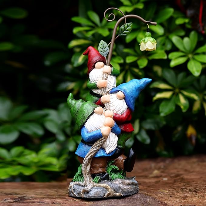 Gnome Figurine Garden Decor, Solar Resin Gnomes Outdoor Statue, Funny Gnome Gift Sculpture Decoration for Home Patio Yard Lawn Porch Ornament