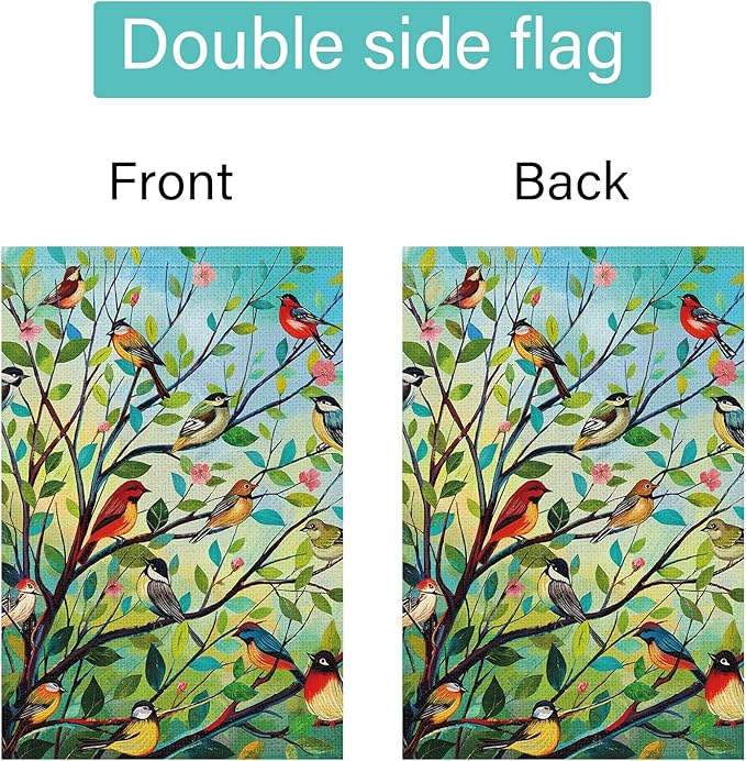 Louise Maelys Spring Welcome Garden Flag Bird Tree Double Sided 12x18 Inch Floral Small Burlap Holiday House Yard Outdoor Outside Home Decor