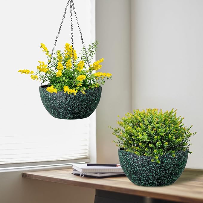 12 inch Large Hanging Planters for Indoor Outdoor Plants, 2 Pack Hanging Flower Pots with Drainage Holes and Chain, Plastic Hanging Baskets for House Plants, Black with Green Speckles