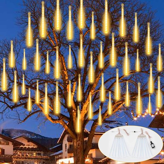 YIQU 2-Pack Extendable Meteor Shower Christmas Lights - 16 Tubes, 384 Led Icicle Lights Perfect for Outdoor, Patio Decorations (Warm White)