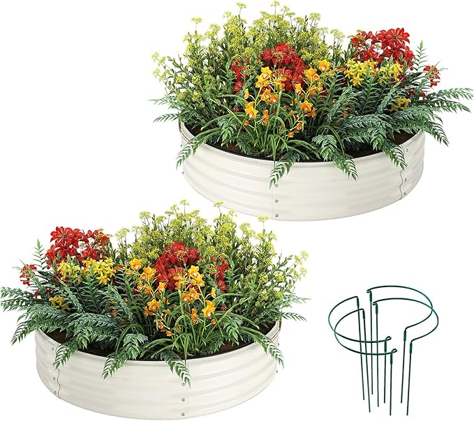 Galvanized Metal Planter Round Raised Garden Bed Kit for Gardening Outdoor,2x2x1ft 2pc Grow Garden Box Raised Flower Bed,Round Galvanized Planter Outdoor Metal Fire Pit Ring White