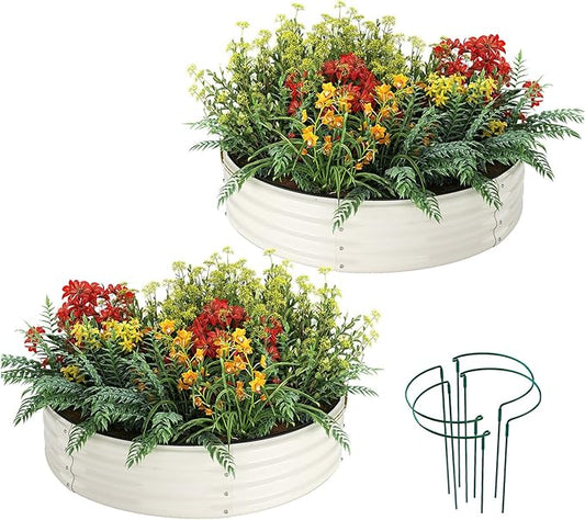 Galvanized Metal Planter Round Raised Garden Bed Kit for Gardening Outdoor,2x2x1ft 2pc Grow Garden Box Raised Flower Bed,Round Galvanized Planter Outdoor Metal Fire Pit Ring White
