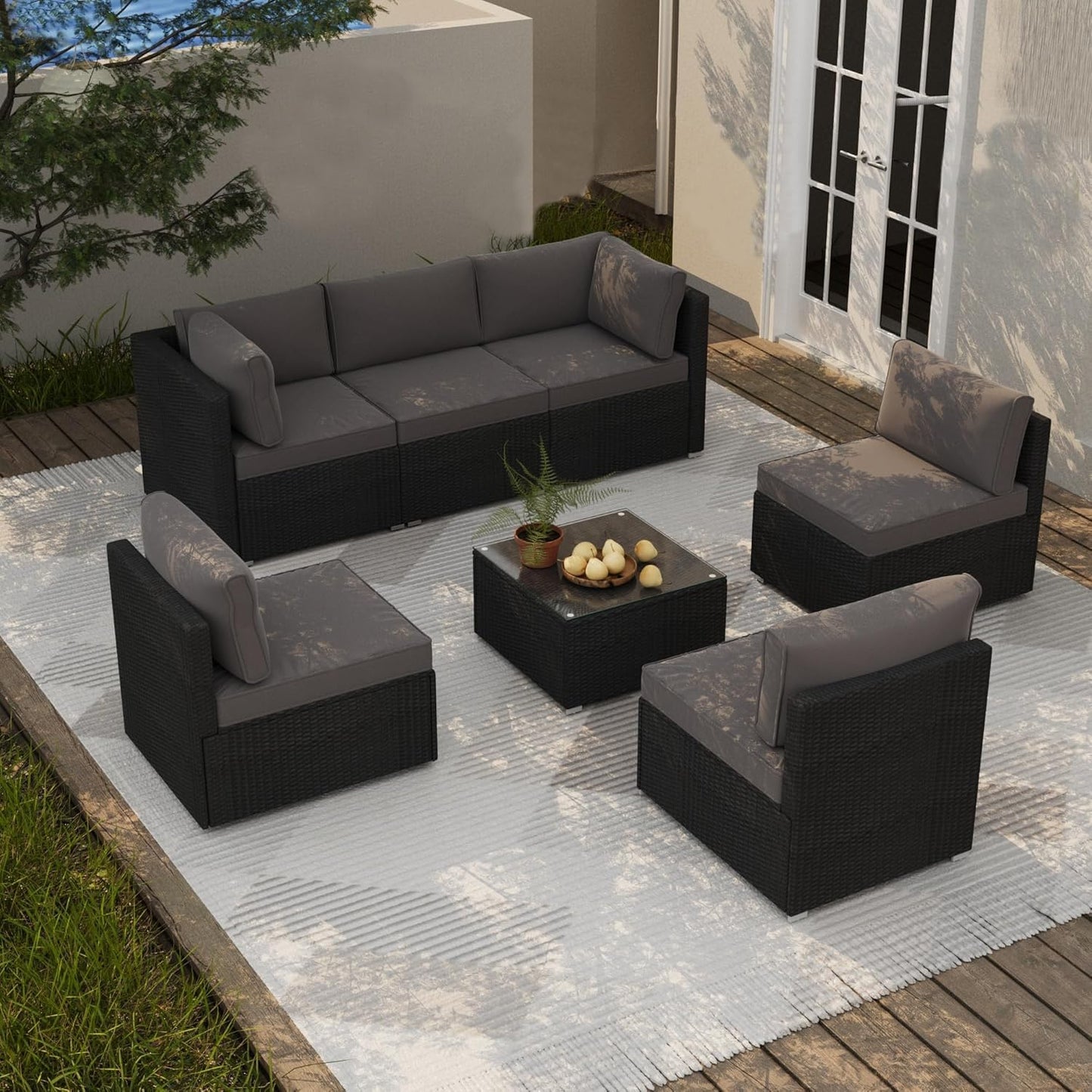 7 Piece Patio Furniture Set, Outdoor Couch Set—All-Weather Outdoor Furniture Sectional w Water Resistant ThickCushions, Patio Sofa Set w 2 Extra Pillows and Coffee Table, Deep Gray/Black