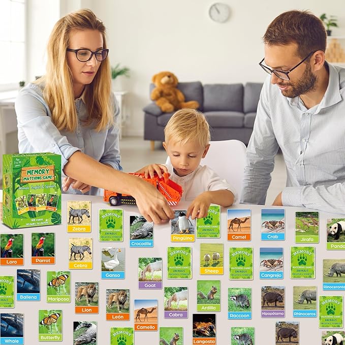 gisgfim 50 Pairs Memory Matching Games Spanish English Bilingual Animal Memory Matching Games Educational Game for Kids and Adults A Fun & Fast Animal Game Toddlers Preschool Family Board Gift