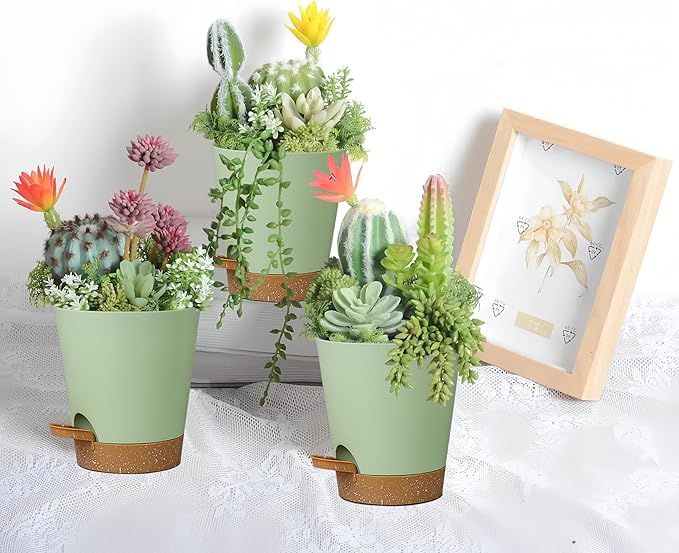 12 Pack 4 Inch Self Watering Plant Pots with Drainage and Saucers,Plastic Flower Pots for Indoor and Outdoor Plants, Nursery Planters for Houseplants and Herbs Green Brown, 4 inch 12pcs