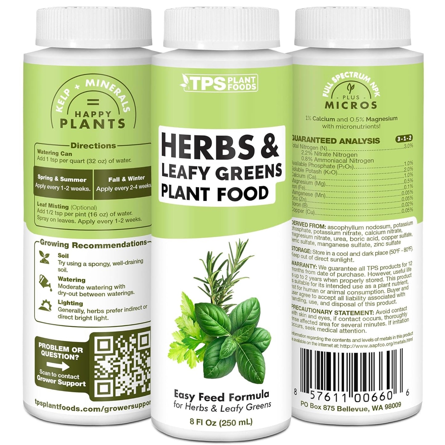 TPS NUTRIENTS Herb Plant Food for All Edible Herbs, Leafy Greens and Veggies, Liquid Houseplant Fertilizer 8 oz (250mL)