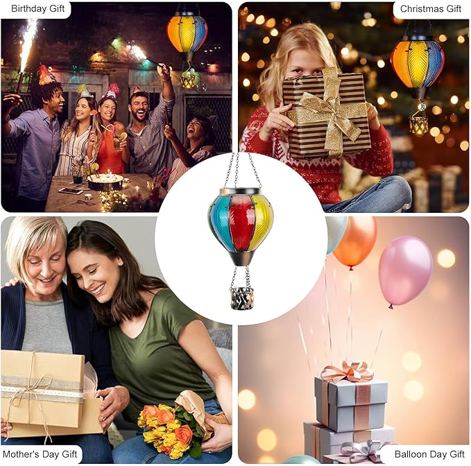 pearlstar Hot Air Balloon Solar Lantern with Flickering Flame Light Outdoor Solar Hanging Lights Waterproof for Garden Yard Farmhouse Patio Pathway Outside Decoration,Glass, Rainbow