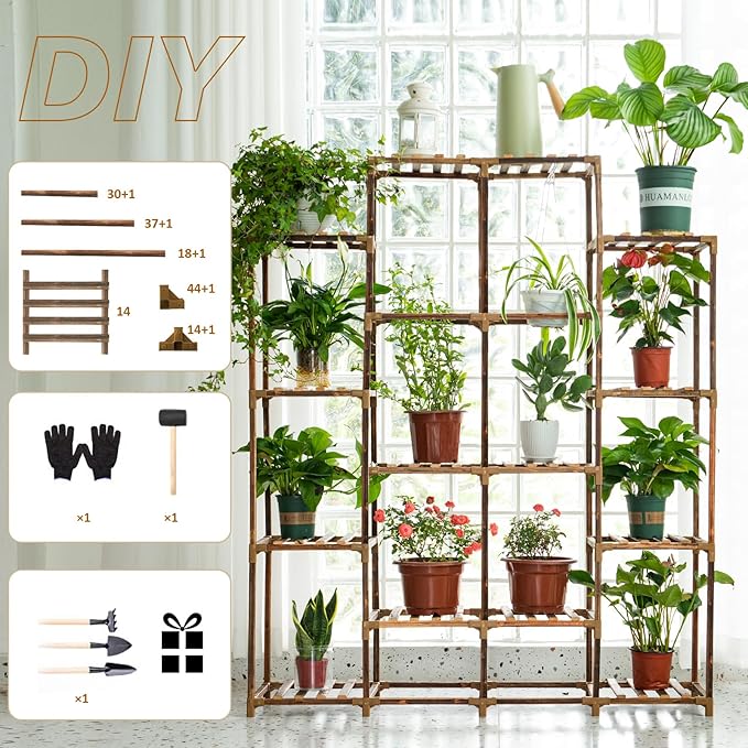 Uneedem Tall Shelf for Multiple Plants Indoor Outdoor 14 Tiers 16 Pot Holder Large Rack Wood Stand Shelves for Room Corner Balcony Garden Patio