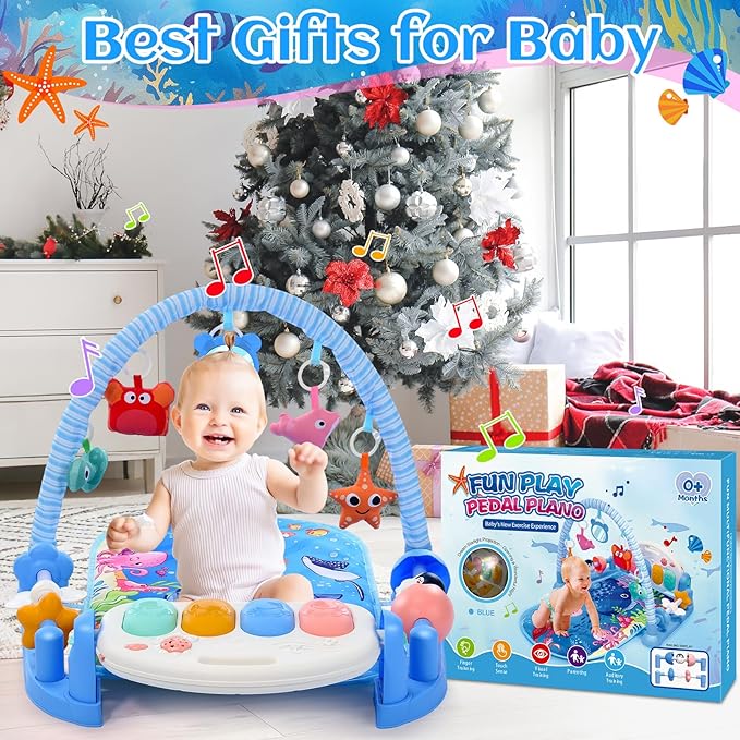 Baby Gyms Play Mats, Baby Toys Tummy Time Mat, Baby Activity Mat Play Piano Gym with 5 Sensory Toys for Babies, Music and Lights Boy & Girl Gifts for Infant Newborn Baby 0-3 4-6 6-9 6-12 Months
