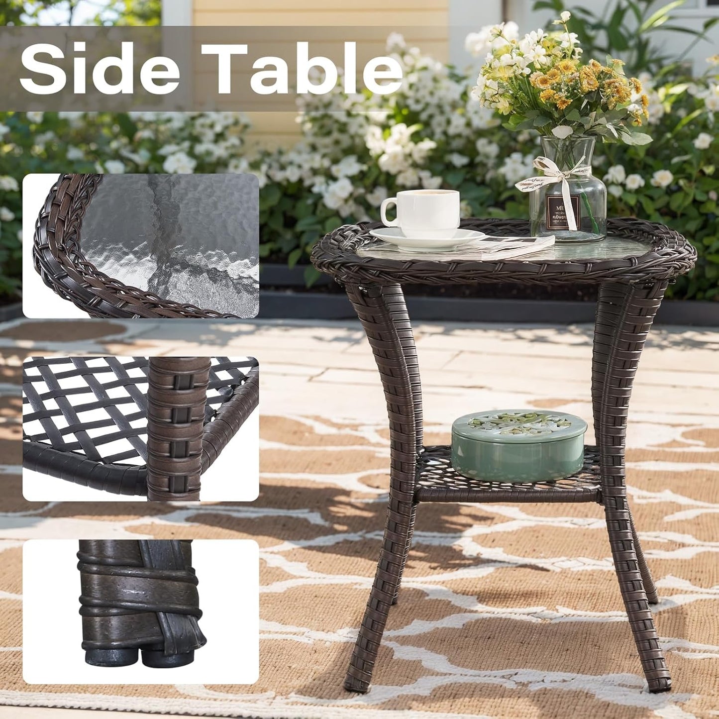 Outdoor Wicker Furniture Set with Swivel Chairs, 5 Piece Small Patio Conversation Sets with Rattan Loveseat Coffee Table for Patio Deck Porch Backyard, Grey Cushion