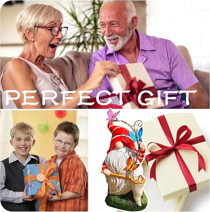 Solar Powered Gnome Garden Statue with Iron Butterflies - LED Lighted Garden Decorations, Resin Gnome with Butterfly Net, Gifts for Women and Men,Outdoor Decor Ornaments for Outside