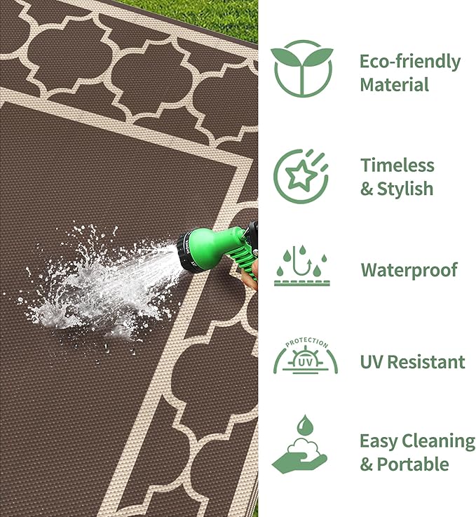 GENIMO 6' x 9' Outdoor Rug Waterproof for Patio Decor, Foldable Reversible Plastic Straw Area Rugs Mat for Camper, Outside Carpet for Rv, Deck, Porch, Picnic, Beach, Balcony, Coffee & Beige