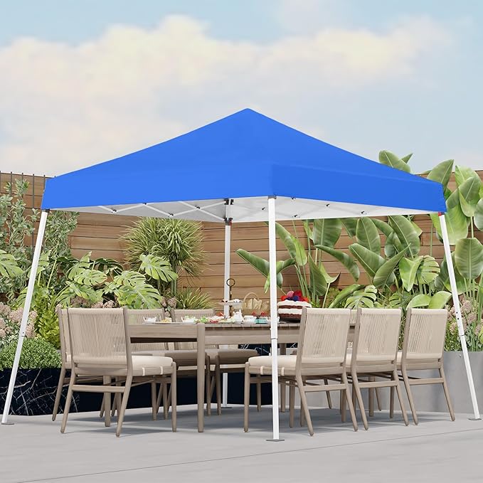 10x10 Pop Up Canopy, 300D Silver Coated Blue Fabric Outdoor Gazebo, Beach Tent Slant Legs with Storage Bag,Easy Up Sun Shade Shelter Tents with 8x8 Top Cover for Patio,Party