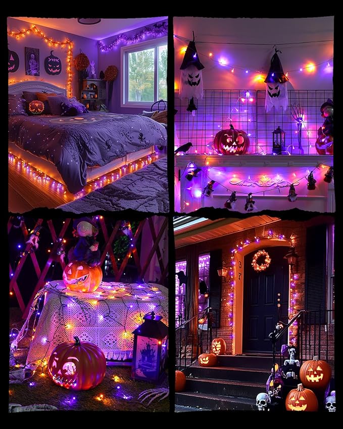 Minetom 196FT Purple & Orange Halloween Lights, 600 LED Halloween Fairy String Lights with 8 Modes, Plug in Orange Purple Hanging Twinkle Lights for Party Garden Bedroom Halloween Decorations