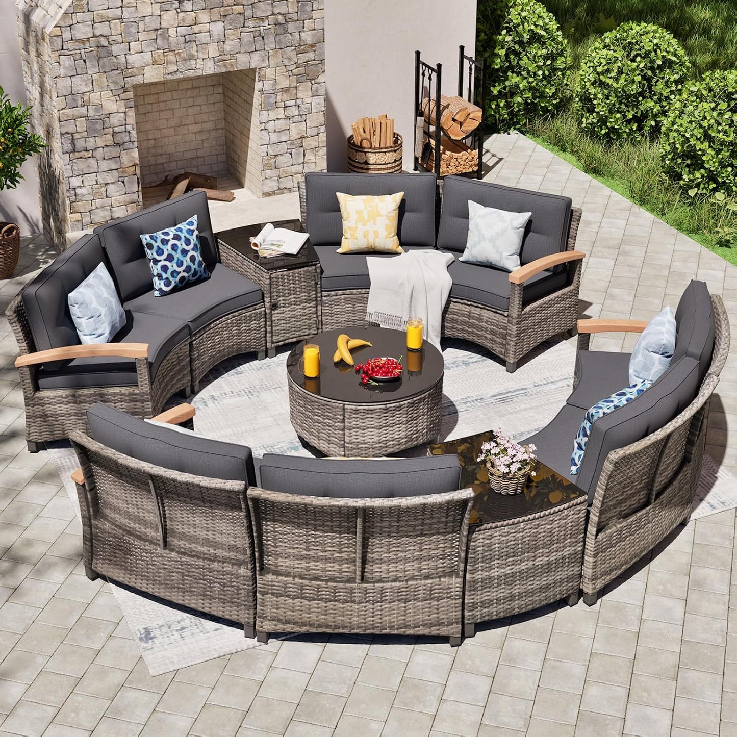 11 Piece Outdoor Patio Furniture Set, Half-Moon Curved Sectional Sofa Rattan Conversation Set with Wood Armrests, Coffee Table & 2 Side Table(Grey)