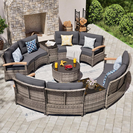 11 Piece Outdoor Patio Furniture Set, Half-Moon Curved Sectional Sofa Rattan Conversation Set with Wood Armrests, Coffee Table & 2 Side Table(Grey)