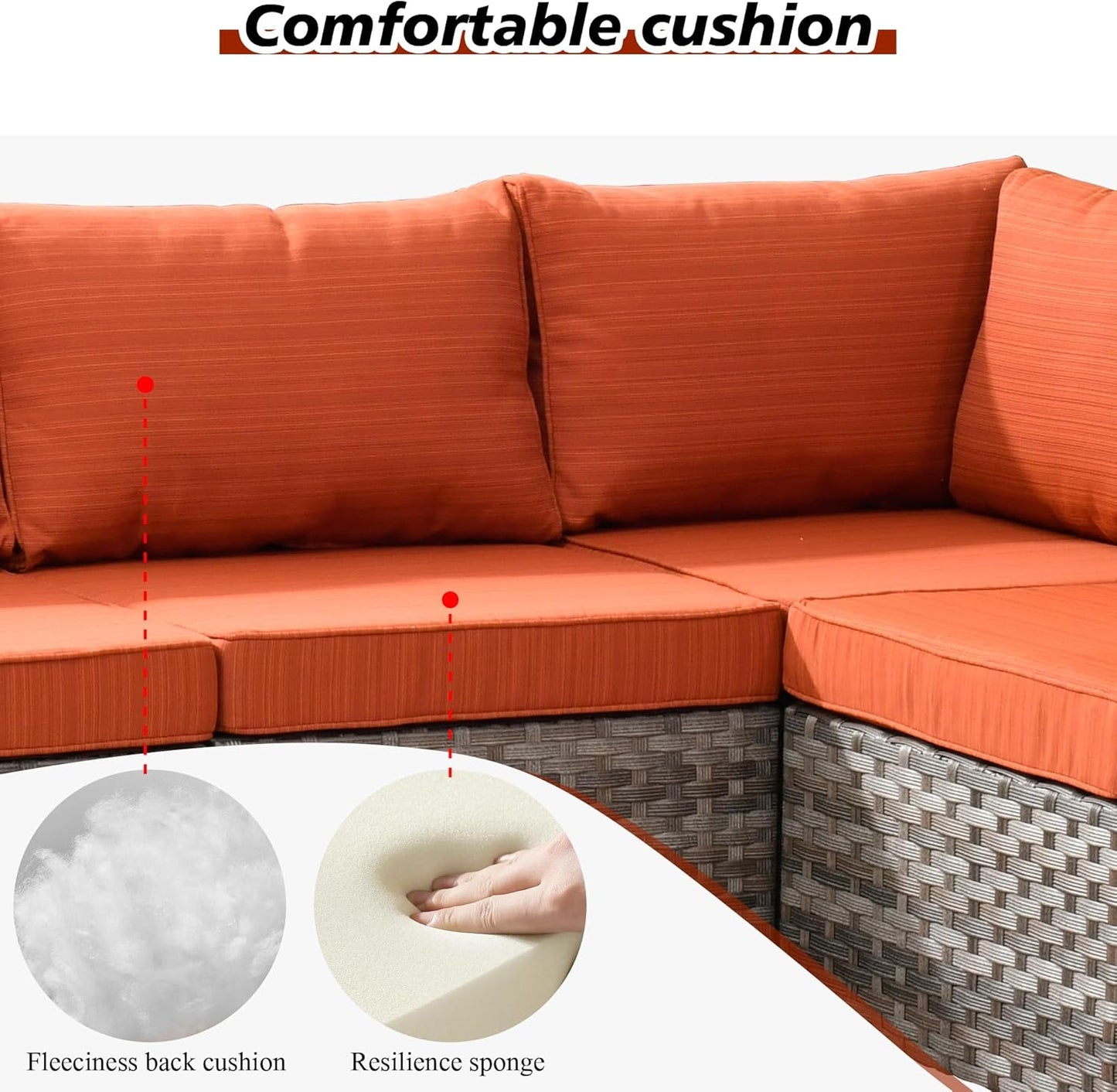 HOOOWOOO Modular Patio Outdoor Sectional Furniture Set with Gas Propane Fire Pit Table,7 Piece Wicker Conversation Sofa Set,Out Door Couch Set with Wide Arm Outside(Orange Red)