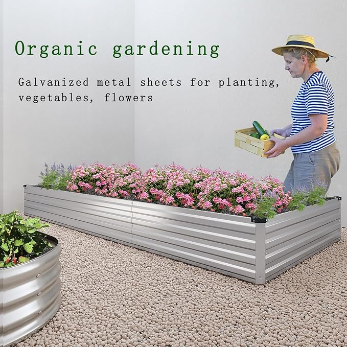 2 Pcs 8×2×1FT Galvanized Raised Garden Bed,Metal Planting Box for Outdoor Vegetable, Herb,Planter Gardening (Silver)