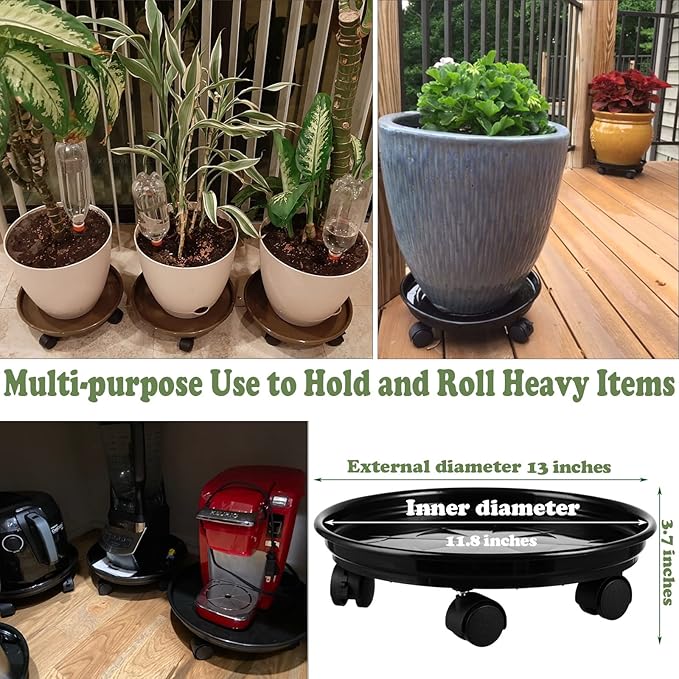 6 Packs Plastic Plant Caddy with Casters 12” Plant Dolly Heavy Duty Rolling Plant Stand with Wheels for Indoor and Outdoor Large Heavy Plant Pot Rollers, Black and Grey
