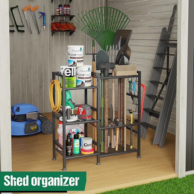 keomaisyto Garden Tool Organizer for Garage Organization, 3 Tier Yard Tool Storage Rack with 35 Long-Handled Tool Slots, Heavy Duty Garden Tool Holder with Large Hooks for Shed, Yard, Garage