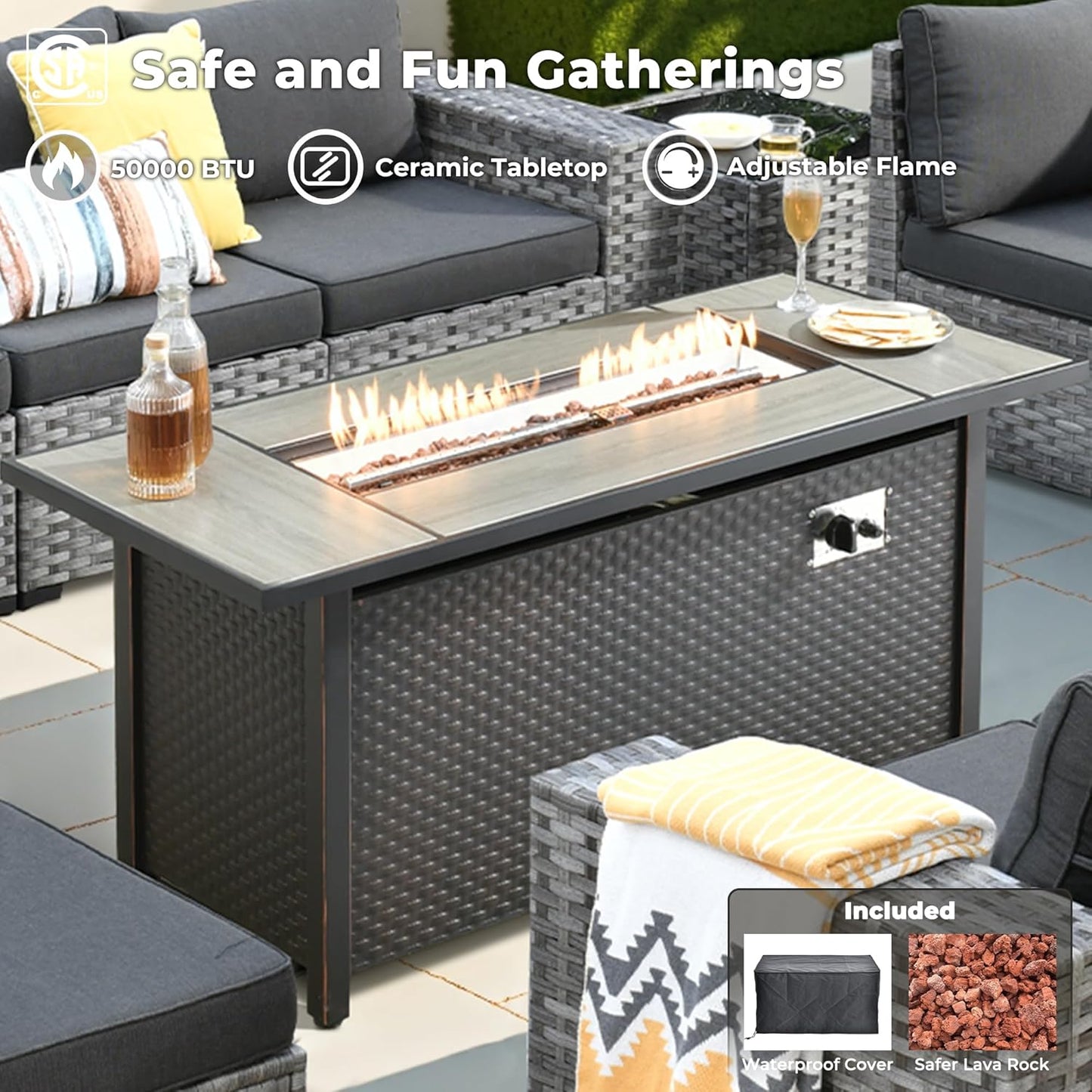 ovios 16 Pieces Patio Furniture Set, Outdoor Wicker Sectional Sofa with 54" Fire Pit Table Swivel Chairs, Modern Modular Deep Seat Rattan Couch Conversation Sets, Black