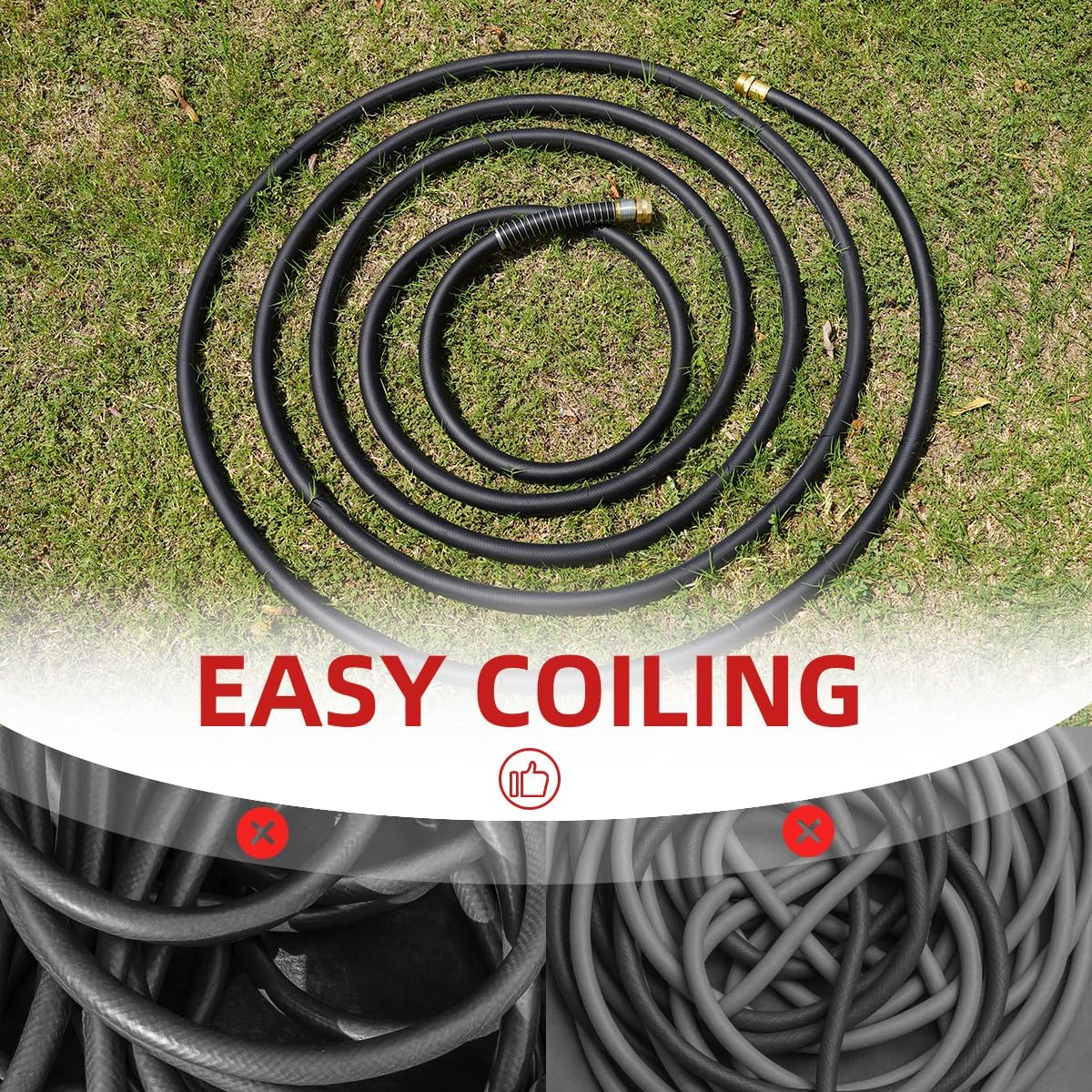 WiseFlow Garden Hose 50FT x 5/8", Heavy Duty Rubber Hose, 1000PSI Burst, 300PSI Working, Water Hose with Five Layered Braiding, Male Female Fittings (Black)