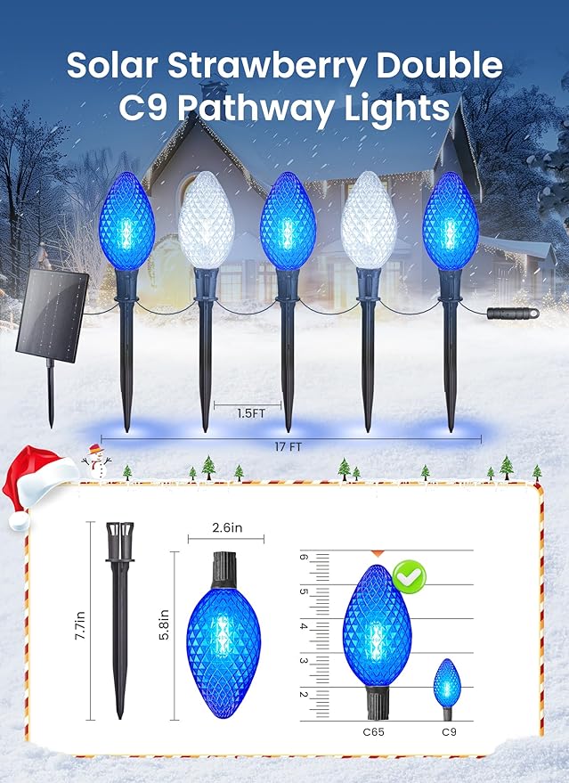 Minetom Solar Double C9 Strawberry Pathway Lights - 16FT 10 LED C9 Christmas Lights with Timer, 8 Modes, Solar Christmas Outdoor Decorations for Lawn Outside Walkway, Blue White