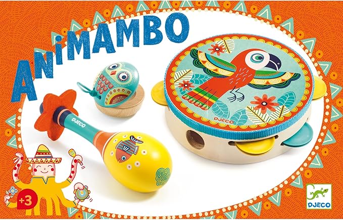 DJECO Animambo Tambourine, Maraca, Castanet Music Instrument Set - Cute Parrot, Fish & Owl Design Toddler Educational Musical Toy for Creativity & Rythym - Toys for 3+ Years Girls & Boys