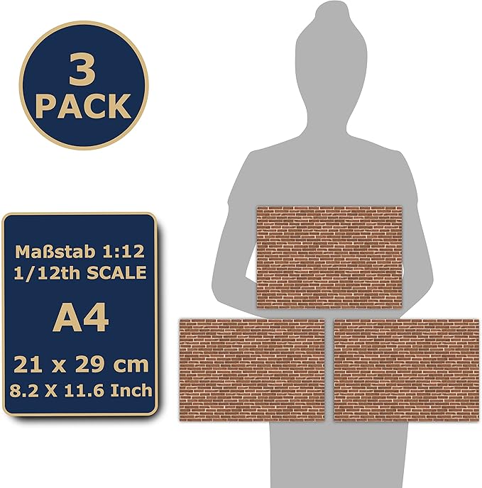 3 Sheets Self-Adhesive Wall Cladding for Dollhouse 1:12 Scale (Glazed Red)