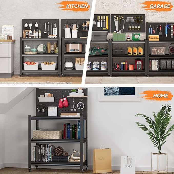 Workbench with Pegboard, Adjustable Heavy Duty Work Table with Wheels, Heavy Duty Workstation, Metal Tool Work Bench for Garage Warehouse Workshop, 48" H x 18" D x 34" W, Black