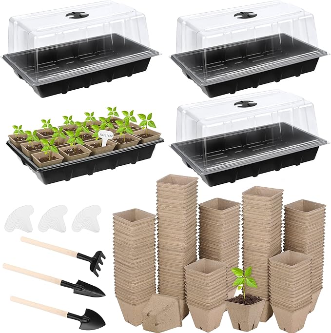4 Pack Seed Starter Tray Kit, 120 Square Seed Peat Pots for Seedlings with Plants Labels, Planting Tools, Plastic Growing Germination Trays with Lids for Indoor Outdoor Gardening, Black