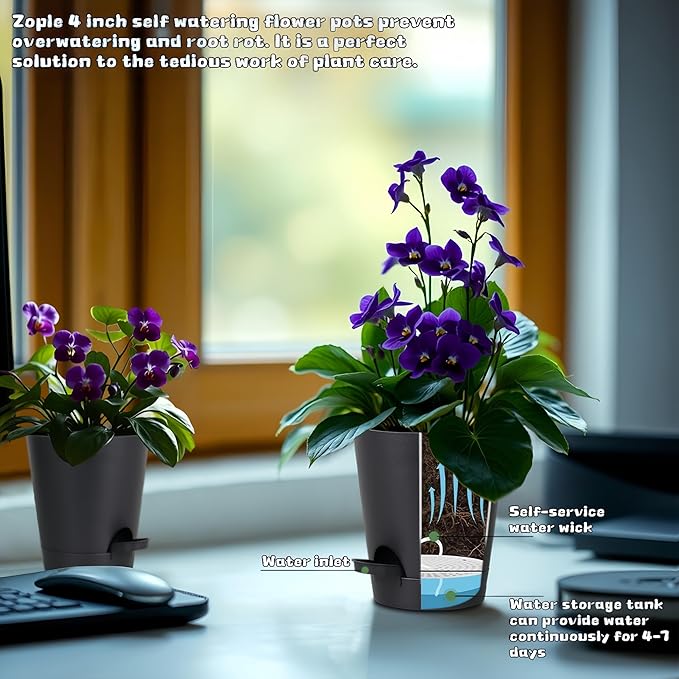 12 Pack 4 Inch Self Watering Plant Pots with Drainage and Saucers,Plastic Flower Pots for Indoor and Outdoor Plants, Nursery Planters for Houseplants and Herbs Black, 4 inch 12pcs