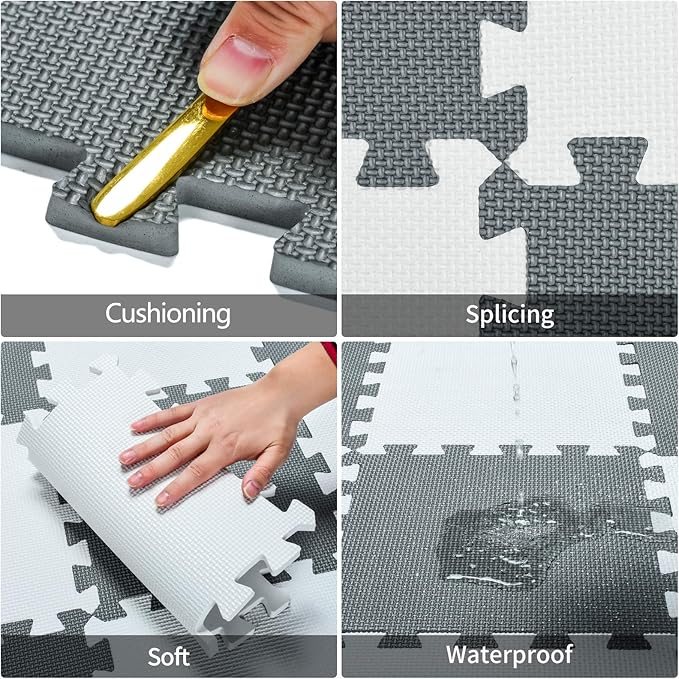 qqpp EVA Rubber 18 Tiles Interlocking Puzzle Foam Floor Mats - Baby Play Mat for Playing | Exercise Mat for Home Workout. White. QC-Ab18N