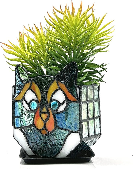 Cat Stained Glass Pot,Cat Flower Pots for Indoor Plants,Cat Plant Decor,Fun Plant Pots Gift 4.6x3x5.15 in(Excluding Plants)