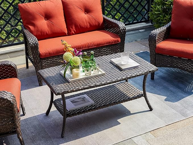 Patio Tables Outdoor Coffee Table - Wicker Rattan Coffee Tables with 2-Tier Storage Shelf Side Table for Porch Deck Balcony Garden Outside Rectangle Brown